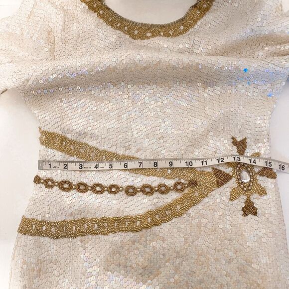 Vintage RARE Patra Iridescent Sequined White & Gold Beaded 100% Silk Dress Size - Picture 11 of 11